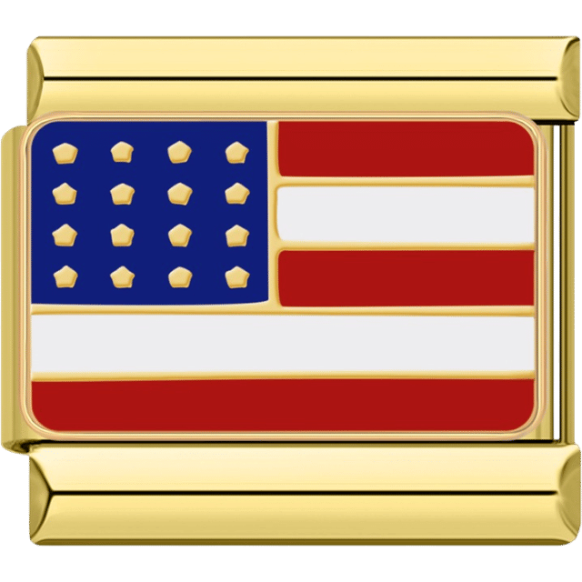 Gold rectangular Italian charm bracelet link featuring the United States flag with red and white stripes and gold stars on a blue field in the top left corner.